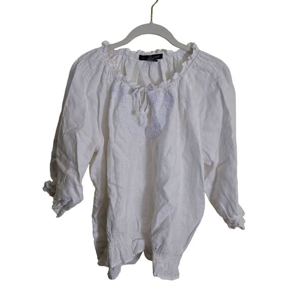 St. Tropez West White Linen Bohemian Peasant Blouse Size L - Picture 1 of 5